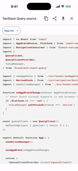 The source viewer open over the TanStack Query demo, showing App.tsx syntax-highlighted with a file switcher and copy, share and save controls.