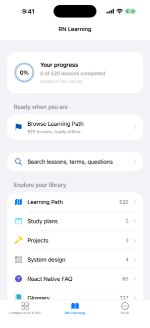 The RN Learning home screen, showing the size of the bundled library at a glance.