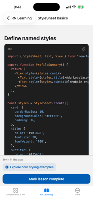 A lesson with a verified code sample.