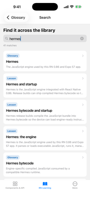 Search results spanning lessons and glossary terms.